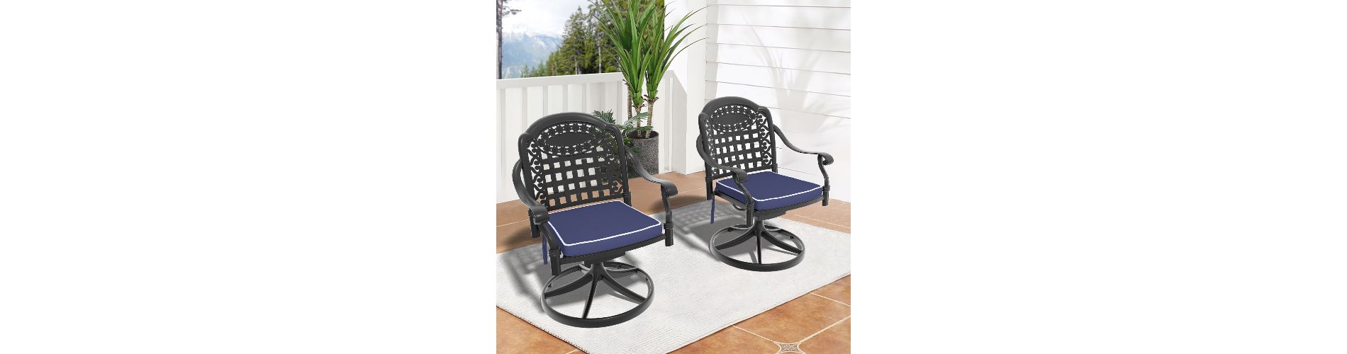 Lyngins 2-Piece Cast Aluminum Outdoor Swivel Chair with All-Weather Blue Cushions, Exquisite Carved Rectangle Patterns, Patio Accent Chair for Dining