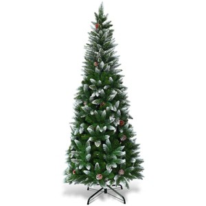 Green and White Flocked Pencil Artificial Christmas Tree with PVC Branches, Decorative Pine Cones, Hinged Metal Stand, Space-Saving Design - 1 of 4