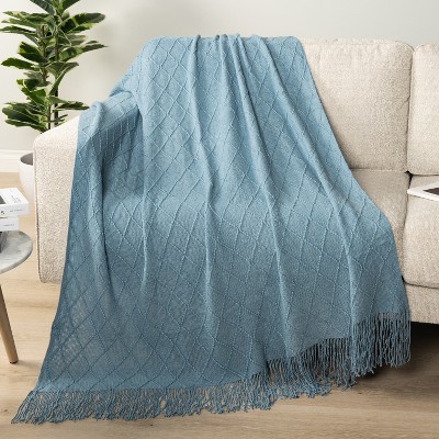 Dusty Blue Knitted Fleece Throw Blanket with Fringe