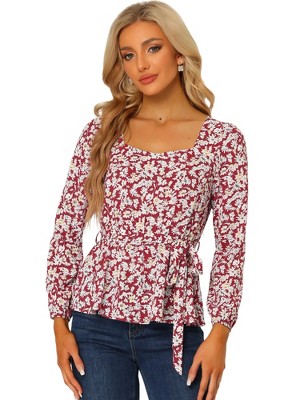 Allegra K Women's Floral Long Sleeve Square Neck Peplum Blouse With ...