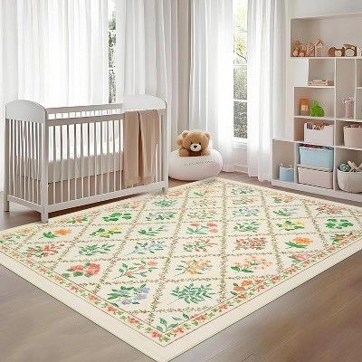 Floral Rugs for Living Room Bedroom Farmhouse Geometric Area Rugs Soft Low Pile Non-Slip Indoor Mat for Living Room Bedroom