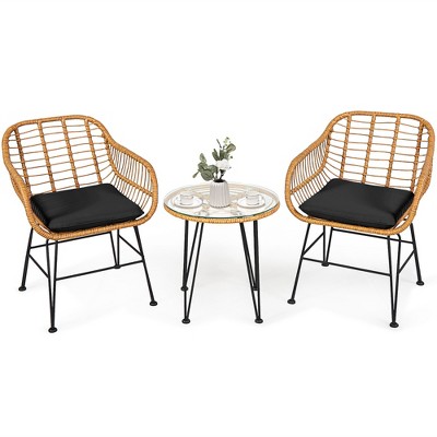 Costway 3pcs Patio Rattan Bistro Furniture Set Cushioned Chair Table ...