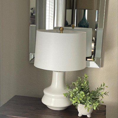 Ivory Ceramic Arc Table Lamp with Drum Shade