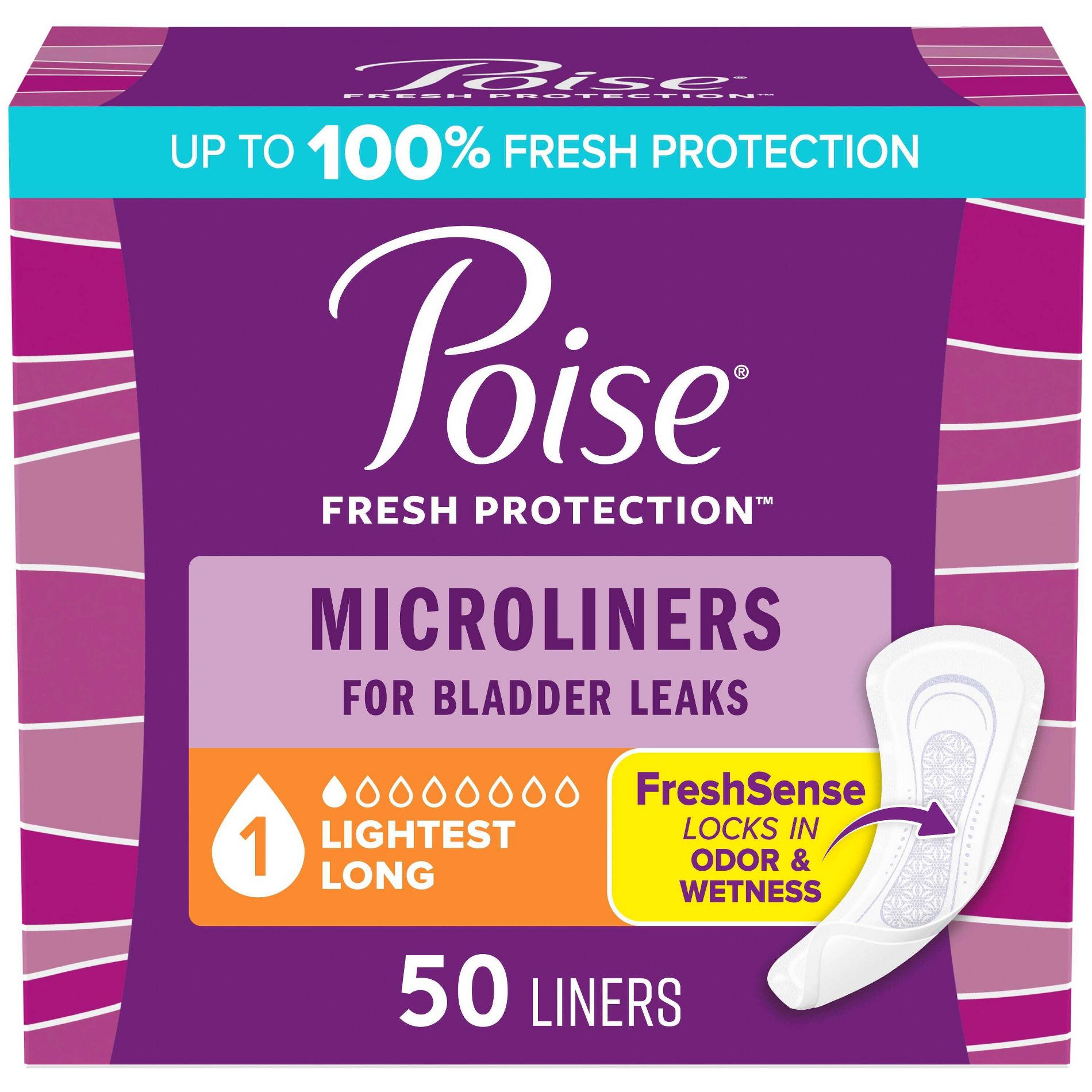 Poise Daily Incontinence Microliners - Lightest Absorbency - 1 Drop - Long - 50ct