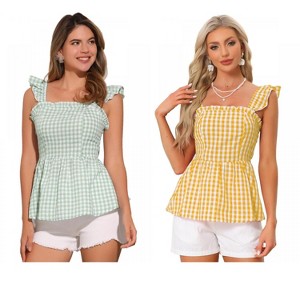 INSPIRE CHIC Women's Summer Square Neck Sleeveless Plaid Gingham Peplum Top 2 Packs - 1 of 4