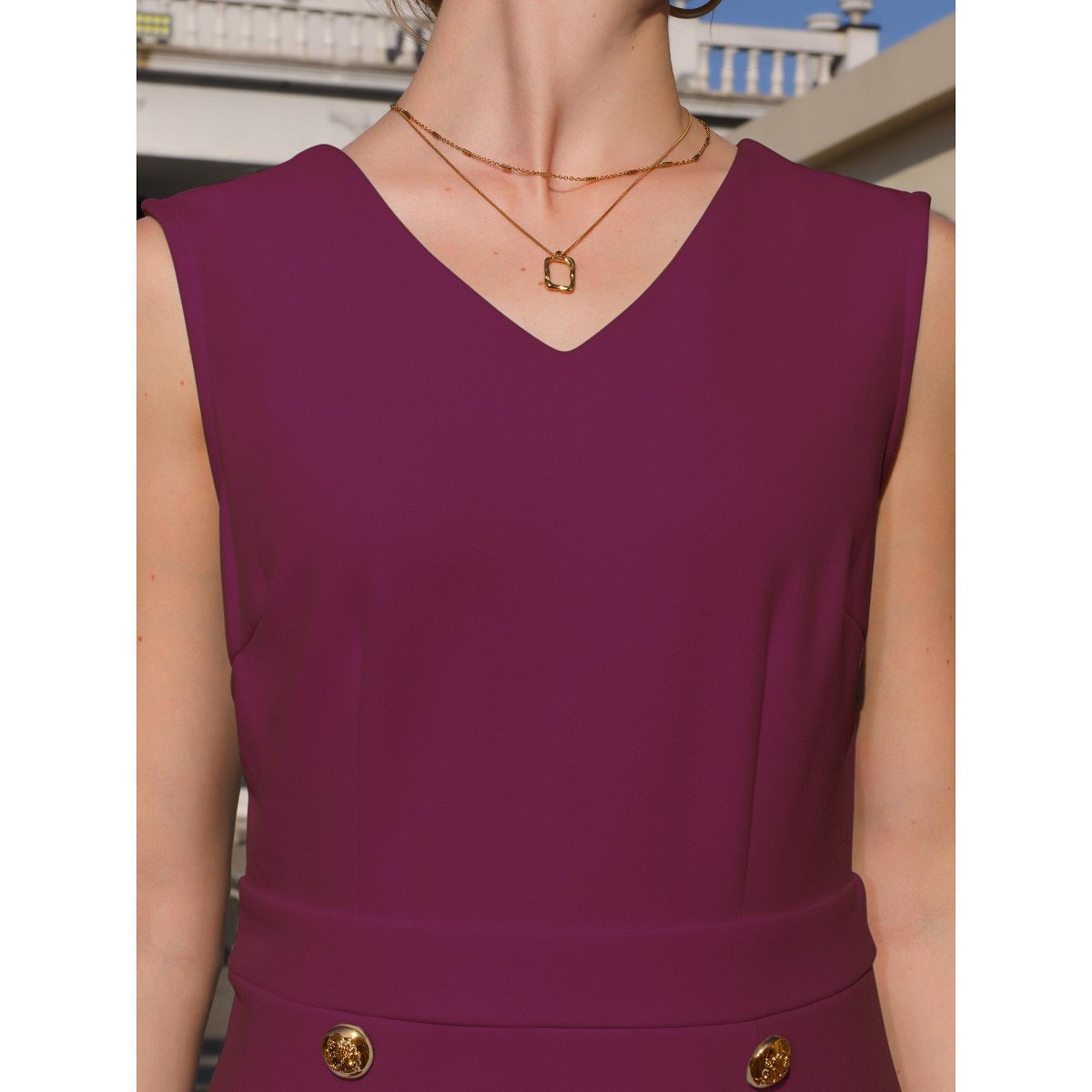 Женские платья INSPIRE CHIC Women's Sleeveless V Neck Button Decor Wear to Work Sheath Dress Large Purple — фото 3