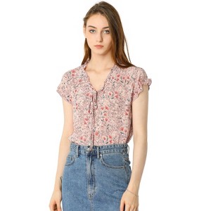 Allegra K Women's Summer Floral Chiffon Tie V Neck Ruffled Short Sleeve Shirt - 1 of 4