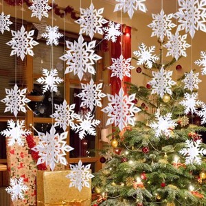 Hanging Snowflake Decorations, 12PCS Snowflakes Garland and 12PCS 3D Glittery White Snowflake Ornaments for Christmas Winter Wonderland Party Home - 1 of 2