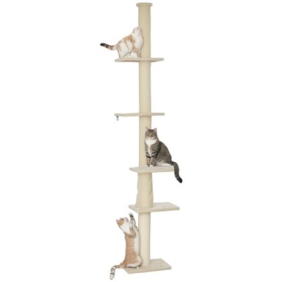 PawHut Floor to Ceiling Cat Tree, 89"-108" 5 Tier Cat Tower with Scratching Post, Hand Crank & Anti-Tip Kit, Tall Cat Tree for Indoor Cats, White