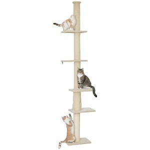 PawHut Floor to Ceiling Cat Tree, 89"-108" 5 Tier Cat Tower with Scratching Post, Hand Crank & Anti-Tip Kit, Tall Cat Tree for Indoor Cats, White - 1 of 4