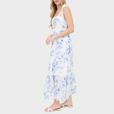 Blue Floral Lace Trim Sleeveless Chiffon Midi Dress