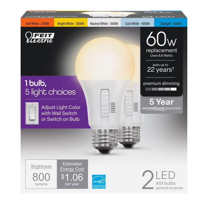 Feit Electric A19 E26 (Medium) LED Light Bulb Color Changing 60 Watt Equivalence 1 pk, 2 of 6