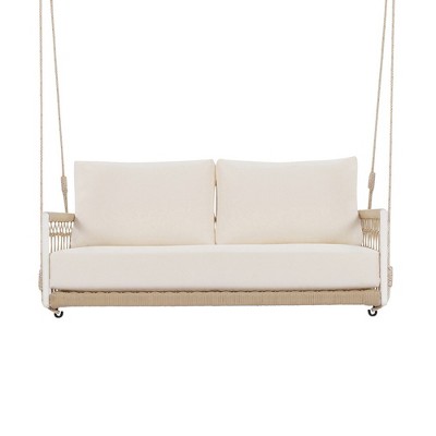 Porch Swing, Hanging Porch Swing With Woven Ropes, Removable Cushion And Cushion Cover, Pillow, Iron Frame