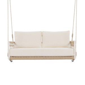 Porch Swing, Hanging Porch Swing With Woven Ropes, Removable Cushion And Cushion Cover, Pillow, Iron Frame - 1 of 4