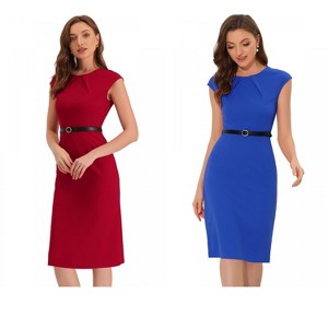 INSPIRE CHIC Women's Elegant Business Round Neck Belted Cap Sleeve Work Sheath Dresses 2 Packs - 1 of 4