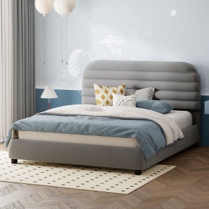 Queen Size Velvet Upholstered Platform Bed,Solid Frame and Stylish Curve-shaped Design - 1 of 4