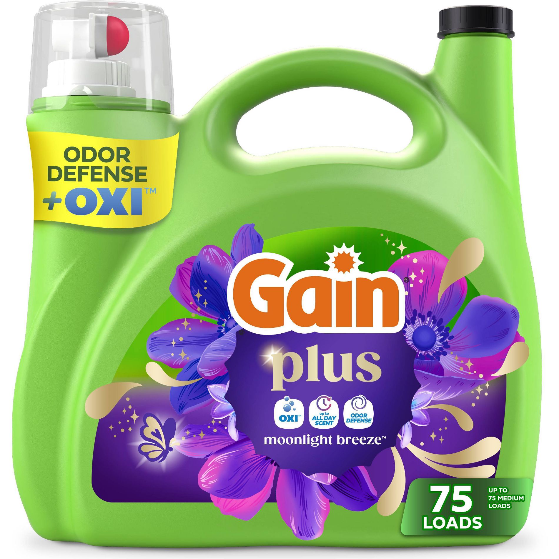 Gain Moonlight Breeze Plus Liquid Laundry Detergents 75 Loads - 99oz: For Deep Cleaning, Spill-Resistant Lid, Paraben-Free, High Efficiency