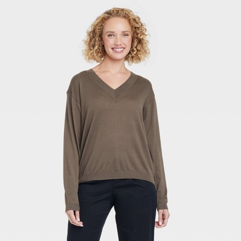 Women s Fine Gauge V neck Pullover Sweater A New Day Olive Xs Target