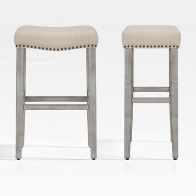 Beige Upholstered Saddle Seat Bar Stools, Set of 2