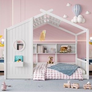 Twin/Full Size House Platform Bed Frame Toddler Floor Bed Kids Montessori Bed Playhouse Bed with Storage Shelf - ModernLuxe - 1 of 4