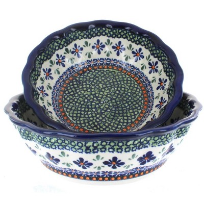 Blue Rose Polish Pottery Mosaic Flower Scallop Serving Bowl Set