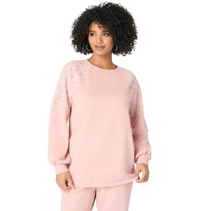 Roaman's Women's Plus Size Comfort+ Fleece Lace Shoulder Sweatshirt - 1 of 4