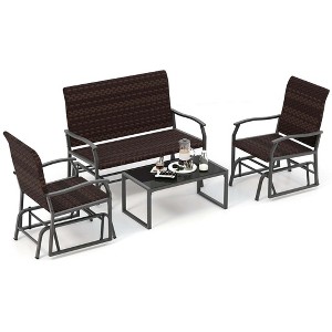 Tangkula 4 PCS Patio Gliding Set Wicker Swing Glider Furniture Set w/ Tempered Glass Coffee Table - 1 of 4