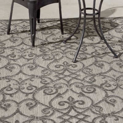 Aloha Floral Grey Charcoal Round 43" Synthetic Outdoor Rug
