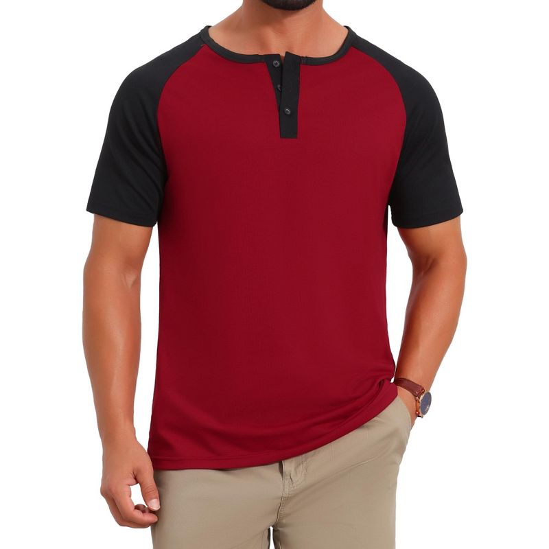 INSPIRE CHIC Men's Button Down Contrast Short Sleeve Raglan Henley Shirts Small Burgundy