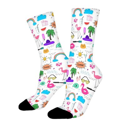 Summer Beach Filamingo Women Printed Crew Socks Funny Funky Socks Soft Polyester Novelty Gifts for Artists Men