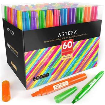 Arteza Highlighters, Broad & Narrow Chisel Tips, Alcohol-Based, 6 Assorted Colors, for School - 60 Pack