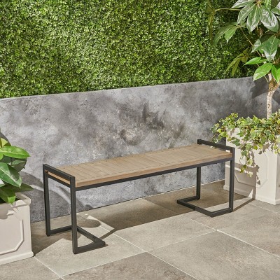 Coolbibila-Patio Benches With Cantilever Iron Legs, Garden Benches Constructed From Slatted Acacia Wood, Modern Garden Bench Outdoor