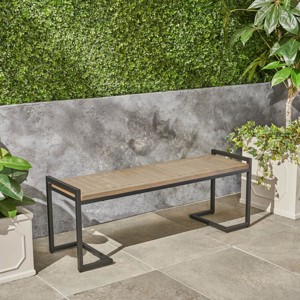 Coolbibila-Patio Benches With Cantilever Iron Legs, Garden Benches Constructed From Slatted Acacia Wood, Modern Garden Bench Outdoor - 1 of 4