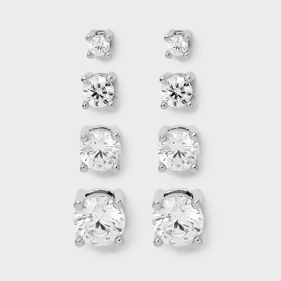 Sterling Silver Cubic Zirconia Round Stud Earring Set 4pc - A New Day™ Silver