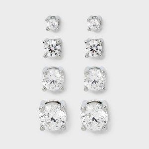 Sterling Silver Cubic Zirconia Round Stud Earring Set 4pc - A New Day™ Silver - 1 of 3