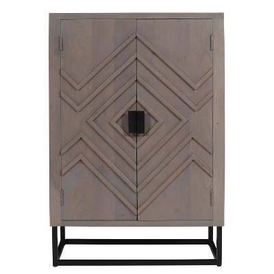 The Urban Port 52" Iron Stand Wine Bar Cabinet with Built-In Stemware Rack and Bottle Holder Gray/Black