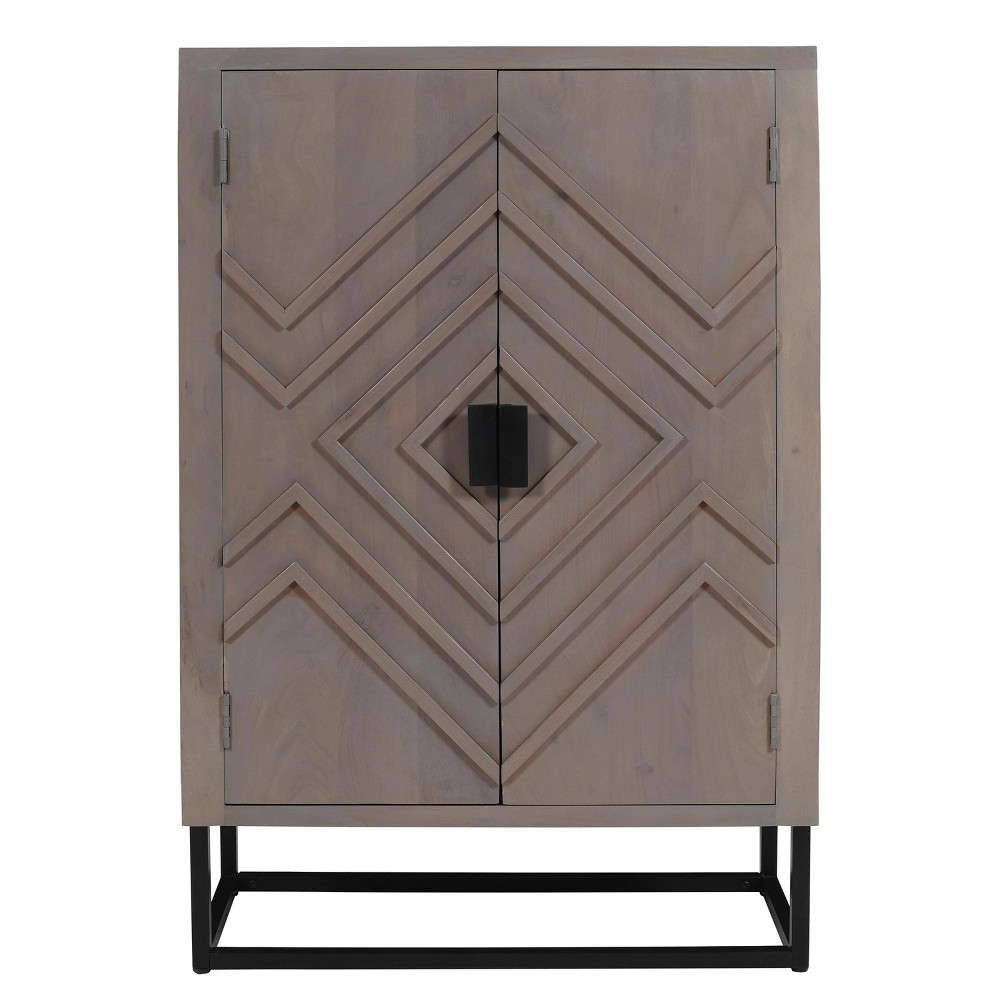 The Urban Port 52" Iron Stand Wine Bar Cabinet with Built-In Stemware Rack and Bottle Holder Gray/Black