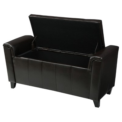 Brown Tufted Faux Leather Storage Ottoman Bench with Armrests
