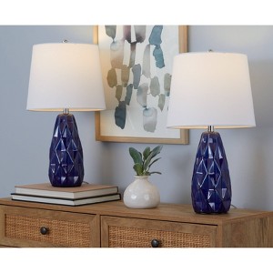 LumiSource (Set of 2) Hex 20" Contemporary Table Lamps Estate Blue Ceramic, Polished Nickel and White Linen Shade - 1 of 4