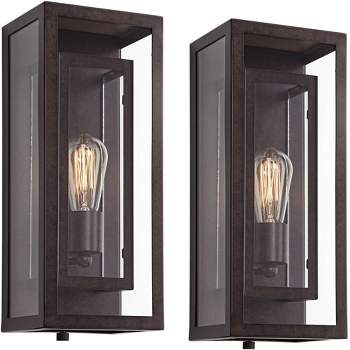 Possini Euro Design Rustic Industrial Farmhouse Outdoor Wall Light Fixtures Set of 2 Bronze 15 1/2" Clear Glass for Exterior Barn Deck House Porch