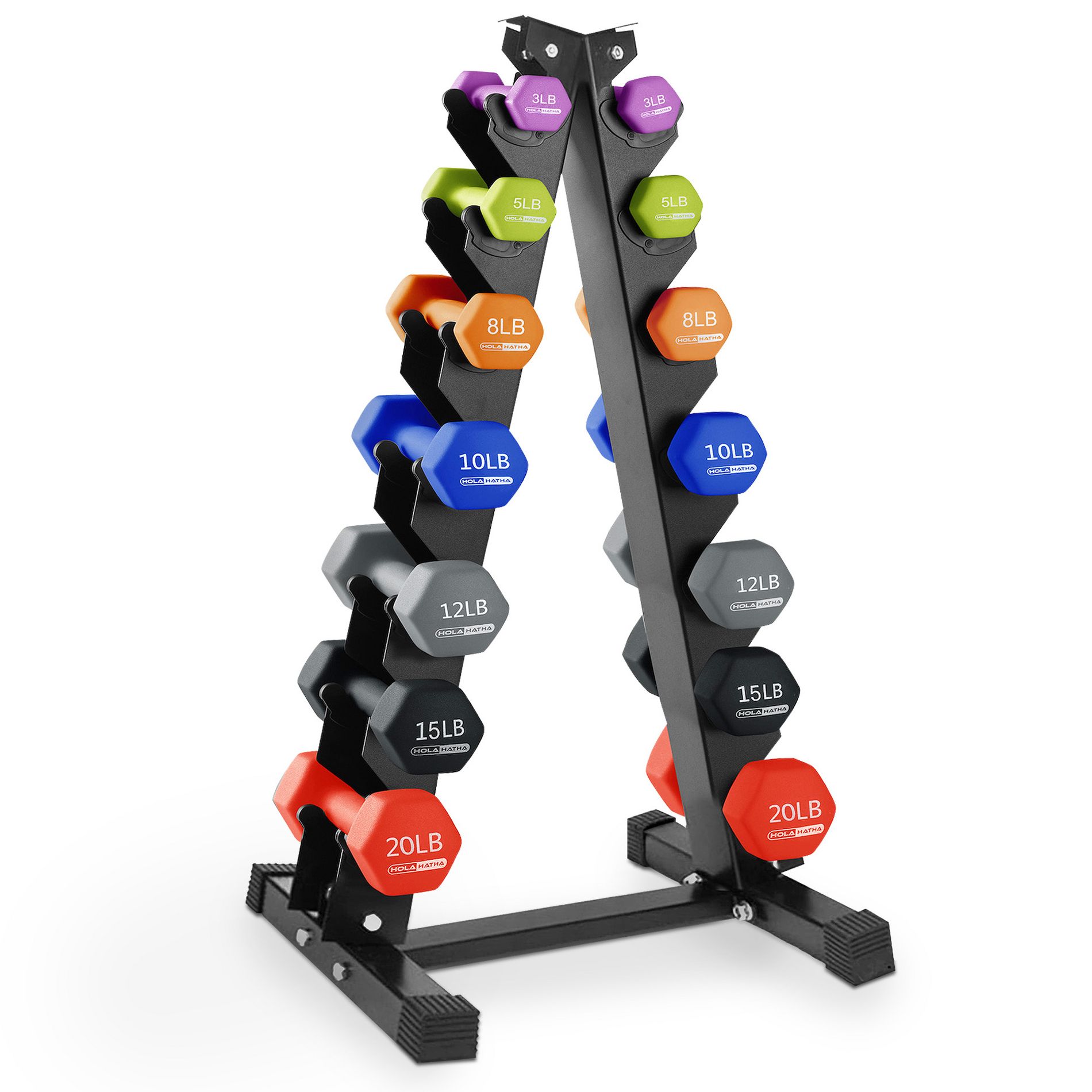 HolaHatha 146 Pound Neoprene Dumbbell Weight Set, 3, 5, 8, 10, 12, 15 and 20 Pound Free Hand Weights for Full Body Strength Workouts with Storage Rack