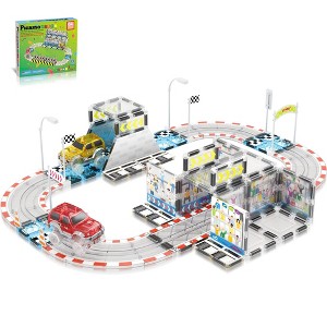 PICASSO-TILES Race Track Magnetic Tiles for Kids, 64PCS Building Blocks with 2 Racing Toy Car Truck included - 1 of 4