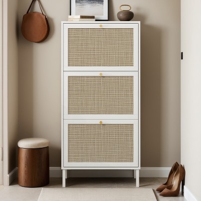 Freestanding Shoe Storage Cabinet with Rattan 3 Door Shoe Rack - Leovsnove