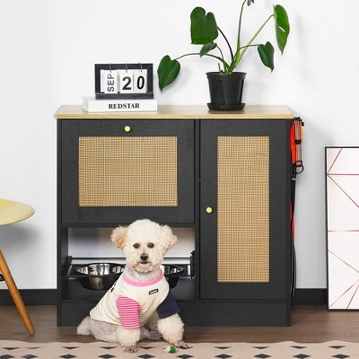 ORRD Hidden Pet Feeding Station with 2 Lockers, Elevated Bowls & Rattan Doors, Black
