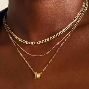 HTUTWOO Dainty 3Pcs Layered Stacked Necklace 14K Gold Plated Necklace Circle Chain Necklaces Non Tarnish Waterproof Jewelry Birthday Jewelry Gifts - 1 of 4
