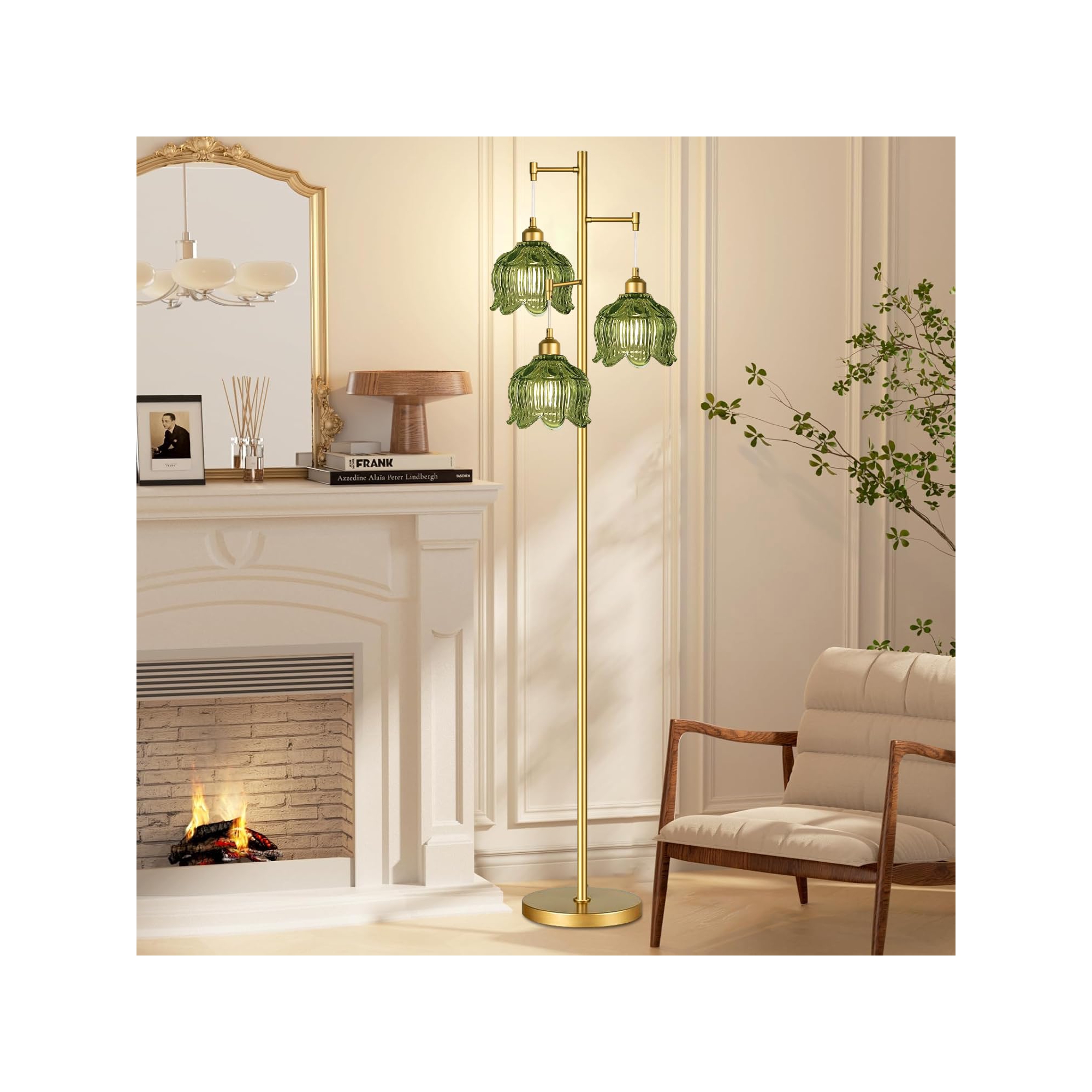 Angel Sar Gold Glass Floor Lamp, 3-Light Brass Tree Design, Green Flower Shade, Mid-Century Modern, 340¡ã Rotatable Arms, for Living Room/Bedroom