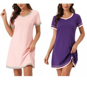 INSPIRE CHIC Women's 2 Pcs Short-Sleeve Nightshirt Color-Block V-Neck Sleepdress Set - 1 of 4
