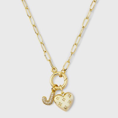 14K Gold Dipped Cubic Zirconia Puffy Heart Charm Initial Necklace - A New Day™ Gold