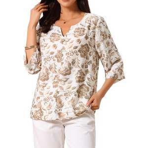 INSPIRE CHIC Women's 3/4 Sleeve Dressy Casual V Neck Boho Floral Button Decor Summer Blouse - 1 of 4