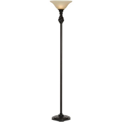 Elegant Bronze Torchiere Floor Lamp with Amber Glass Shade
